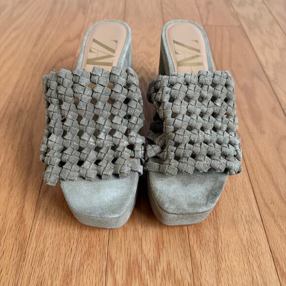 Zara sz‎ 7 green chuncky platform heeled woven slide sandals - Picture 1 of 9
